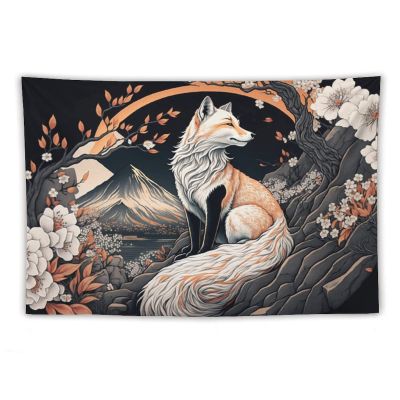 YNEE Japanese Style Mountain White Flowers Fox Tapestry Aesthetic Wall Tapestry for Living Room & Bedroom - 40"x60"
