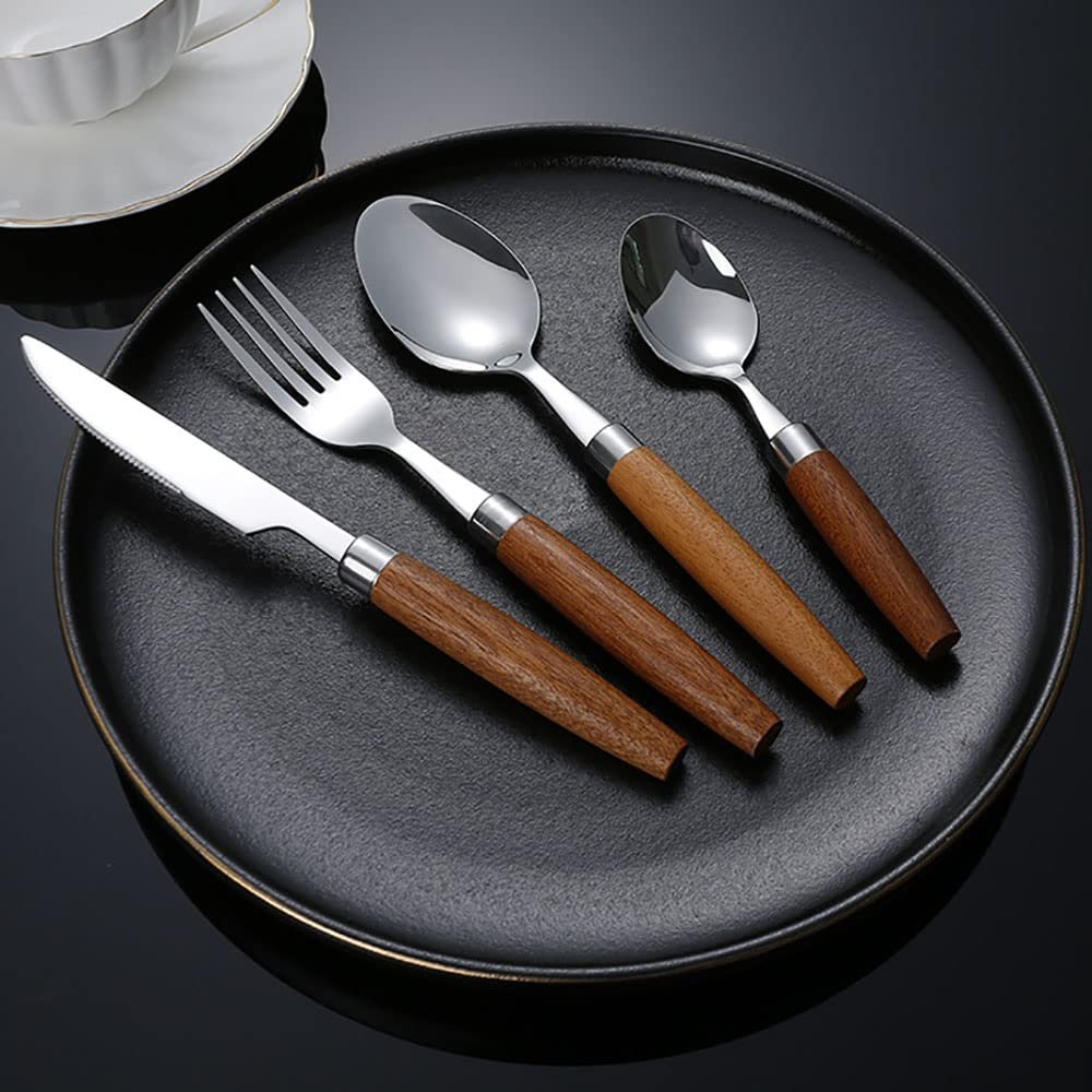 64-Piece Wood Silverware Cutlery Set for 16,Quality Stainless Steel Cutlery Set with Wooden Handle, Modern Tableware Cutlery Set for Home Restaurant Hotel Family Gatherings Mirror Finish