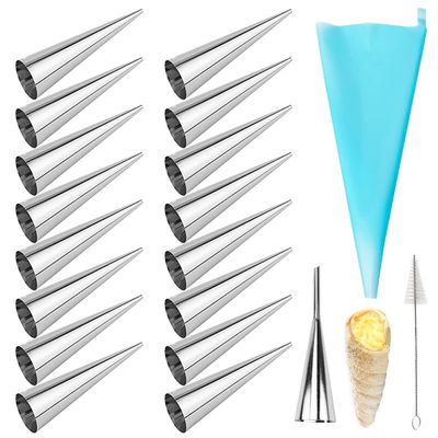 AMBESTAR Cream Horn Molds, 16 Pack 5 Inch Pastry Roll Molds with Piping Bags Reusable, Cleaning Brush, Long Cream Icing Piping Nozzle Baking Accessories Tool for Mum and Baker
