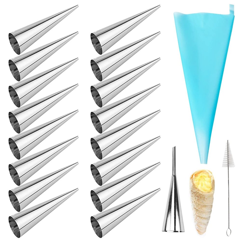 AMBESTAR Cream Horn Molds, 16 Pack 5 Inch Pastry Roll Molds with Piping Bags Reusable, Cleaning Brush, Long Cream Icing Piping Nozzle Baking Accessories Tool for Mum and Baker