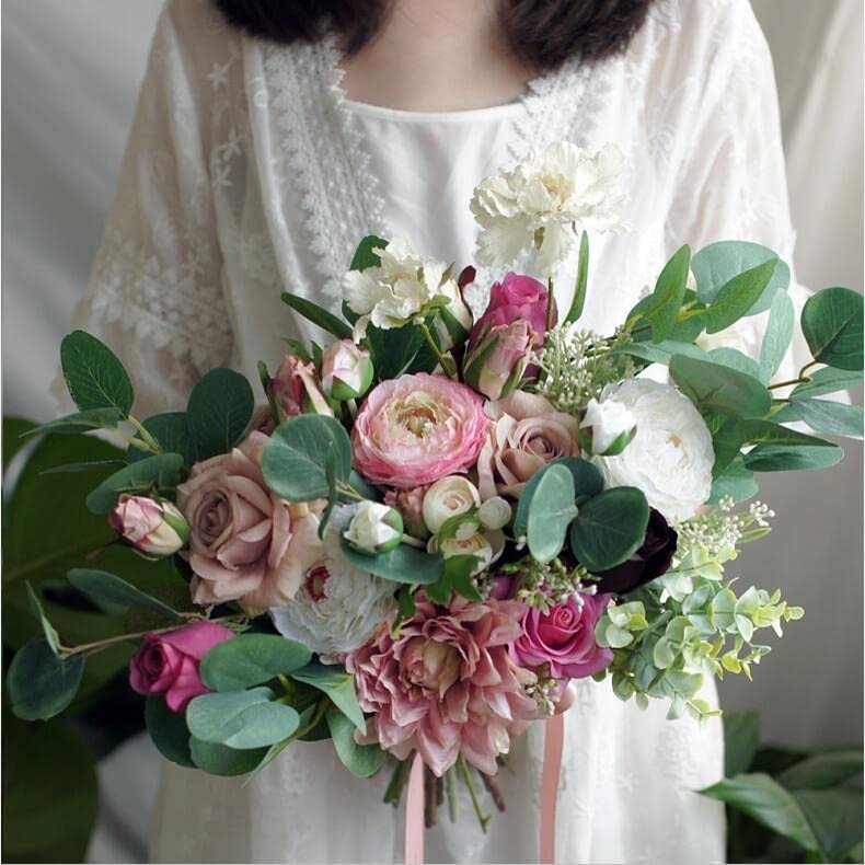 HXSCOO Romantic Wedding Bouquets Pink Silk Bridal Flowers Green Leaves Eucalyptus Outdoor Brides Fake Bouquet Rose Articielle