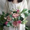 HXSCOO Romantic Wedding Bouquets Pink Silk Bridal Flowers Green Leaves Eucalyptus Outdoor Brides Fake Bouquet Rose Articielle view 1