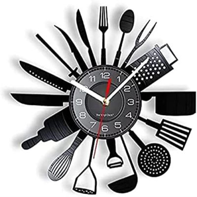 12In Wall Clock Silent Non-Ticking Cooking Set Wall Clock Knife Fork Spoon Vinyl Record Kitchen Home Decor Quartz Watch