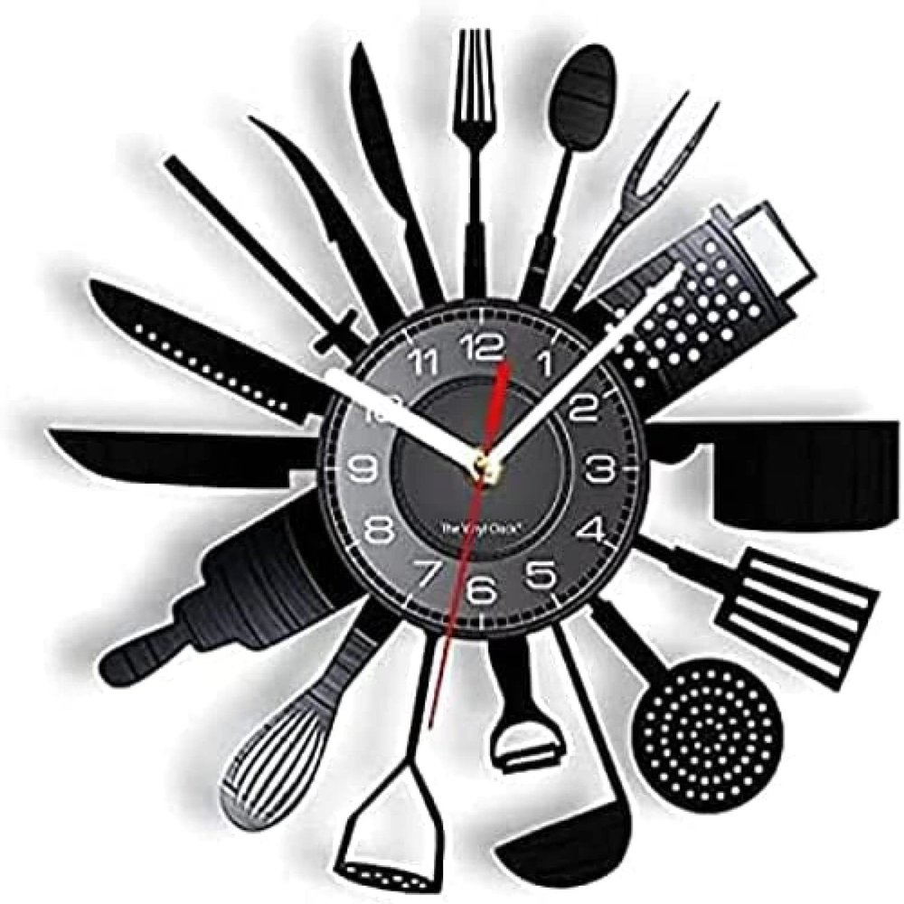 12In Wall Clock Silent Non-Ticking Cooking Set Wall Clock Knife Fork Spoon Vinyl Record Kitchen Home Decor Quartz Watch