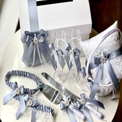 Dusty Blue Wedding Accessories, Flower Girl Basket, Ring Bearer Pillow, Cake Serving Set, Bridal Garter Set, Champagne Glasses, Card Box (All Set as 1st Pic)