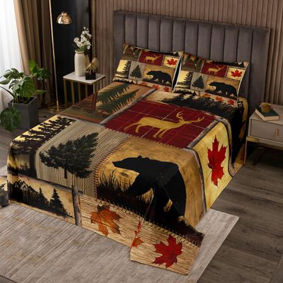 Erosebridal Patchwork Rustic Cabin Quilt Set King,Woodland Animal Deer Bear Coverlet Set Farmhouse Lodge Bedspread Set for Men Women Camping Mountain Pine Trees Bedding Set with 2 Pillow Cases