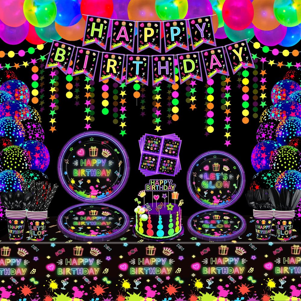 228 Pack Glow Neon Party Supplies Glow in The Dark Party Decorations BlackLight Party Tableware Set - Plates, Black Light Banners, Fluorescent Balloons, Graffiti Tablecloth, Garland, Napkins Serves 20