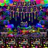 228 Pack Glow Neon Party Supplies Glow in The Dark Party Decorations BlackLight Party Tableware Set - Plates, Black Light Banners, Fluorescent Balloons, Graffiti Tablecloth, Garland, Napkins Serves 20 view 4