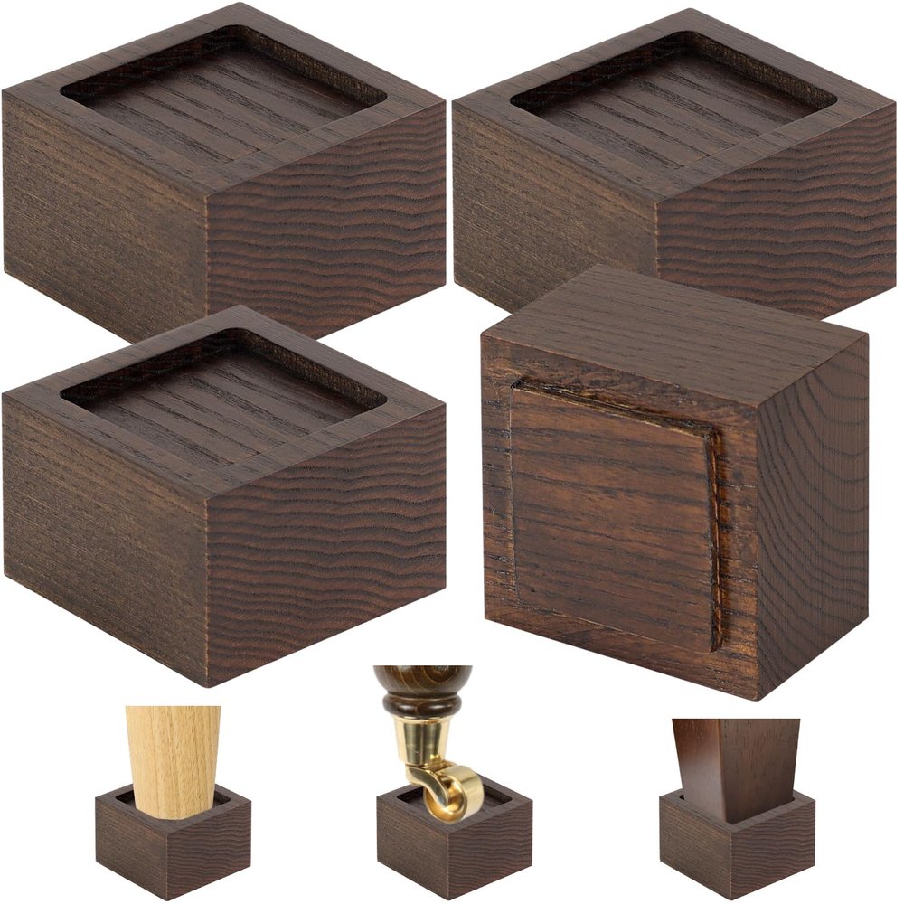 FASONLA Bed Risers (Set of 4) - Oak Solid Wood Furniture Risers Lifts Height 2" with Non-Slip Recessed Hole (4pcs-2" Hight-Walnut Color)