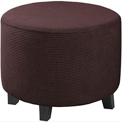 ZIKY Ottoman Slipcovers Round, Footrest Footstool Covers Stretch Fabric Storage Ottoman Covers, Textured Checked Jacquard Fabric Machine Removable Washable,Dark Brown,XL
