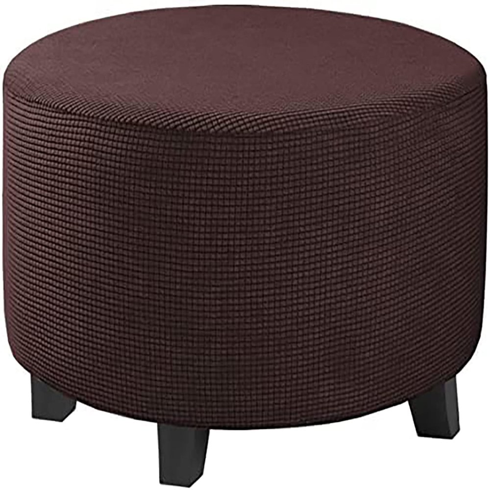 ZIKY Ottoman Slipcovers Round, Footrest Footstool Covers Stretch Fabric Storage Ottoman Covers, Textured Checked Jacquard Fabric Machine Removable Washable,Dark Brown,XL