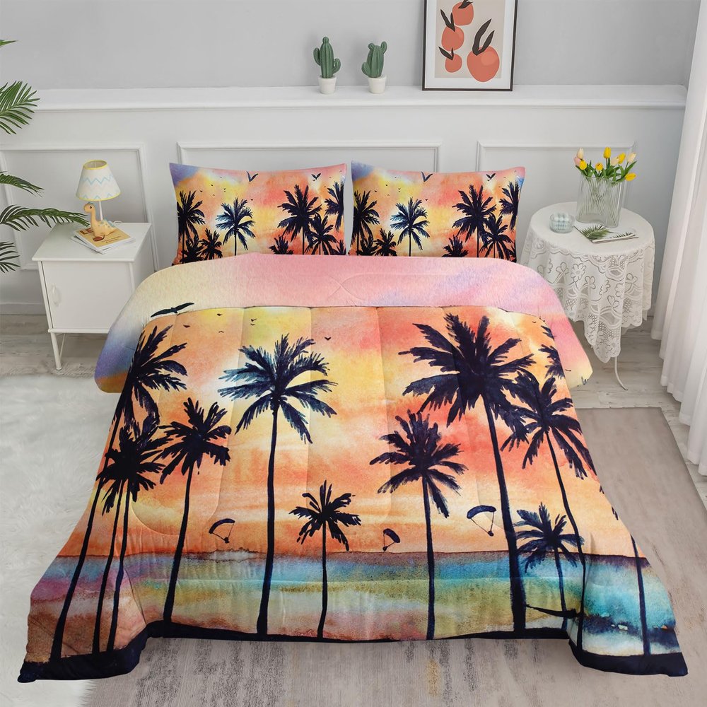 Axolotl Beach Ocean Comforter Set Full,Coastal Beach Themed Bedding Set with Palm Trees Parachute for Girls Boys Kids Teens Adults Bedroom Decor,1 Hawaiian Comforter and 2 Pillowcases,Rainbow