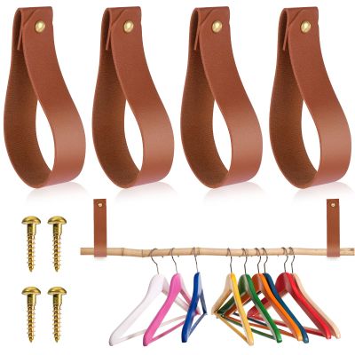 TIESOME Leather Hook Lanyard, 4Pcs Wall Hanging Straps Hanger Towel Hook Curtain Rod Holder for Bathroom Kitchen Bedroom Boho Style Decor(Brown)