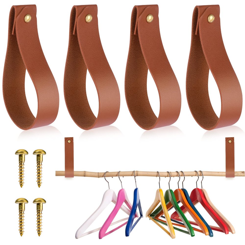 TIESOME Leather Hook Lanyard, 4Pcs Wall Hanging Straps Hanger Towel Hook Curtain Rod Holder for Bathroom Kitchen Bedroom Boho Style Decor(Brown)