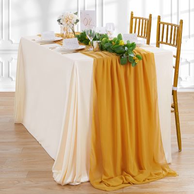 10FT Chiffon Table Runner 27x120 Inches Mustard Yellow Wedding Runner Sheer Fabric for Romantic Bridal Shower Decorations