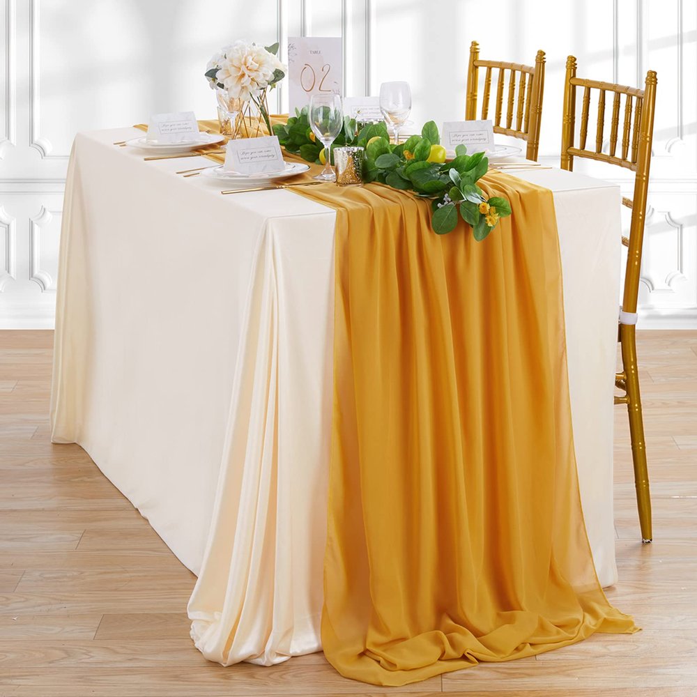 10FT Chiffon Table Runner 27x120 Inches Mustard Yellow Wedding Runner Sheer Fabric for Romantic Bridal Shower Decorations