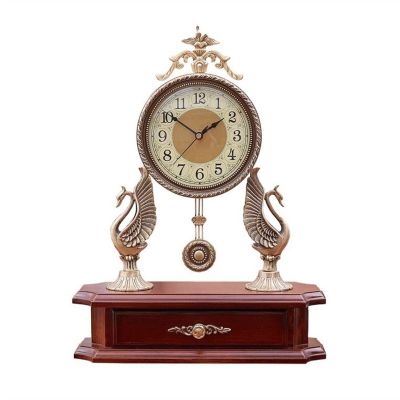 Desk Clock Vintage Copper Desk Clock Silent Table Top Decorative Clock Wooden Base Swinging Vertical Clock Suitable Home Bedroom Decor (Color : Brass)