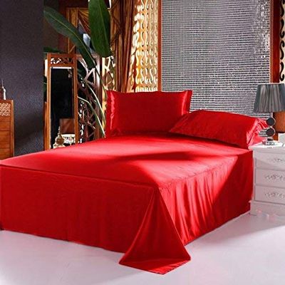 100% Pure Silk Satin Sheet Set 4 Pieces Silk Fitted Sheet 15" Deep Pocket Mattress fit Silk Flat Sheet & Silk Pillowcases Soft Silk Sheets Wrinkle Free - King - Red