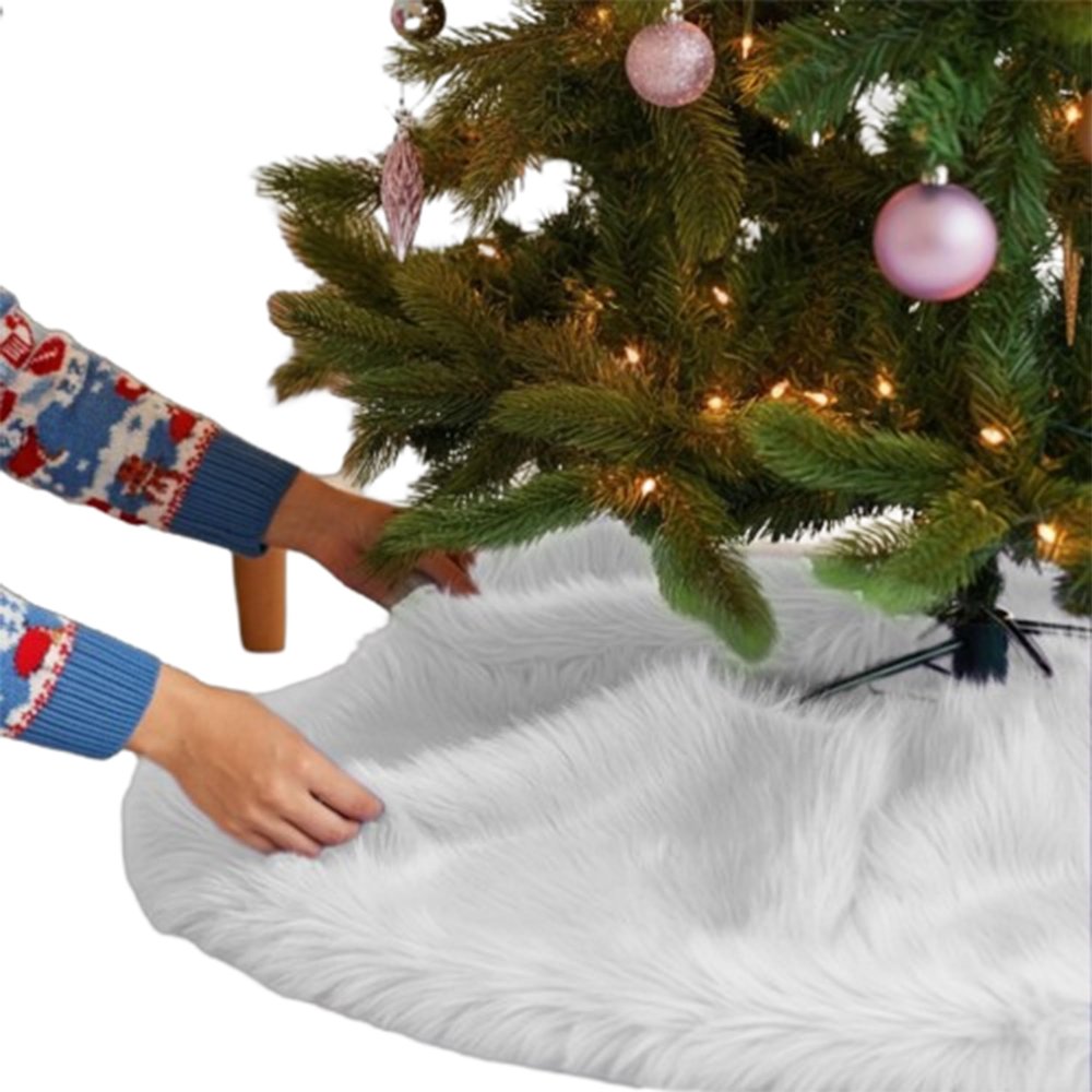 FabricLA White Faux Fur Tree Skirt Cut - 48 Inches with Rounded Edges (No Backing) for Holiday Decor