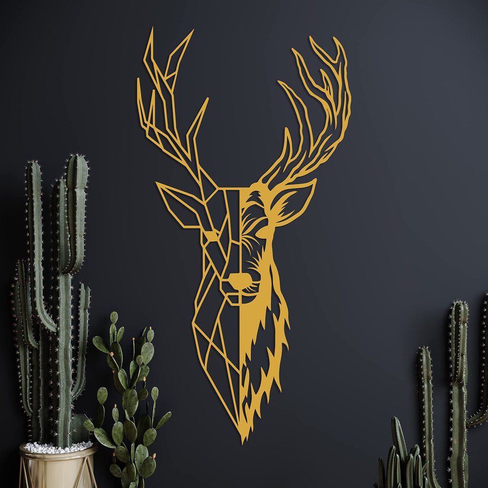 DecoSoul Deer Head Metal Wall Art, Geometric Deer Head with Antlers, Gold, 12"W x 24"H, Living Room, Bedroom, Dining Room, Kitchen, Bathroom, Office, Housewarming Gift