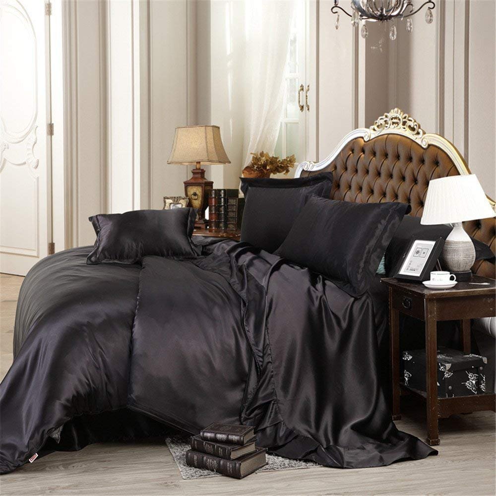 Kanak Bedding 100% Pure Silky Satin 4-Piece Bed Fitted with Duvet Set- Comforter Cover, Two Pillowcases King Size, Black