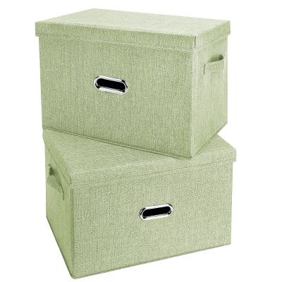 Valease Large Linen Fabric Foldable Storage Bins with Removable Lid and Handles, Washable Storage Box Organizer Containers Baskets Cube with Cover for Bedroom,Office (Green, Small(2-Pack))