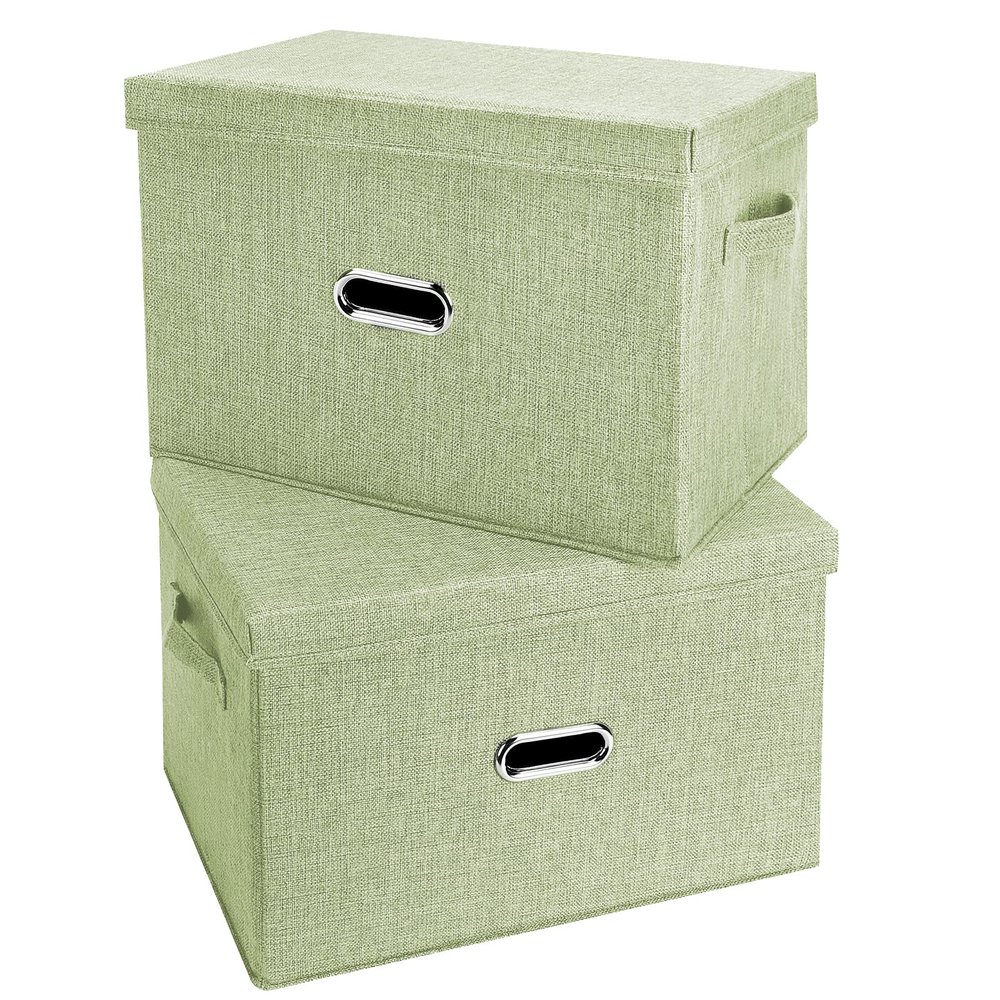 Valease Large Linen Fabric Foldable Storage Bins with Removable Lid and Handles, Washable Storage Box Organizer Containers Baskets Cube with Cover for Bedroom,Office (Green, Small(2-Pack))