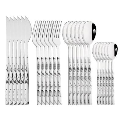 NEPIAN Glossy White Silver Dinnerware Stainless Steel Cutlery Set Fork Spoons Dessert Fork Flatware Marble Texture Tableware Set leisurely (Color : 24pcs White Silver)
