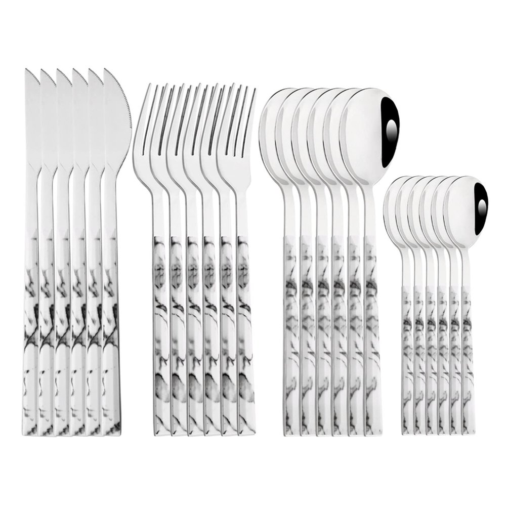 NEPIAN Glossy White Silver Dinnerware Stainless Steel Cutlery Set Fork Spoons Dessert Fork Flatware Marble Texture Tableware Set leisurely (Color : 24pcs White Silver)