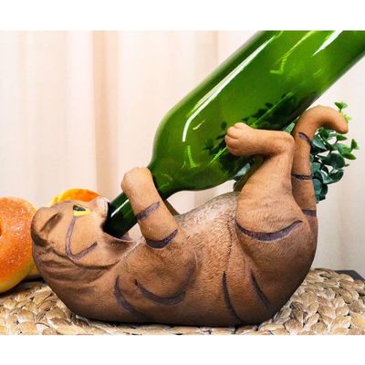 1 Pcs of Wet Your Whiskers Drinking Brown Striped Cat Wine Bottle Holder Figurine