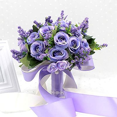 HXSCOO Arrival Bridal Bouquets Women Wedding Artificial Flower Bouquet Off White Handmade Flowers for Bridesmaid (Color : Purple)