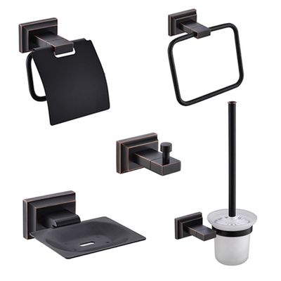 Black Wall-mounted Towel Toilet Paper Brush Hanger Soap Cup Holder Wall Hook Antique Bathroom Shower WC Hardware Accessories Set,5 pcs Set B