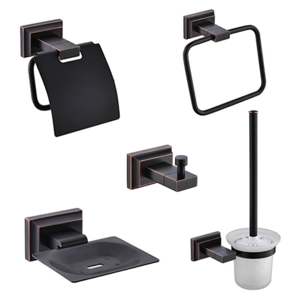 Black Wall-mounted Towel Toilet Paper Brush Hanger Soap Cup Holder Wall Hook Antique Bathroom Shower WC Hardware Accessories Set,5 pcs Set B