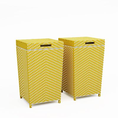 Furniture of America Locke Coastal Aluminum Trash Cans with Lid for Patio and Poolside, Storage Bin in Outdoor Kitchen, Set of 2, Yellow and White