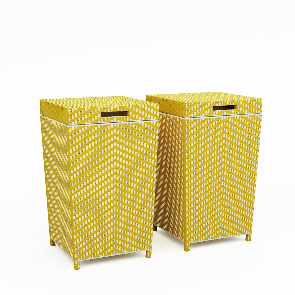 Furniture of America Locke Coastal Aluminum Trash Cans with Lid for Patio and Poolside, Storage Bin in Outdoor Kitchen, Set of 2, Yellow and White