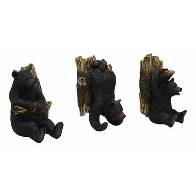 1 Set of Rustic 3 Acrobatic Black Bears Hanging On Tree Wall Hooks