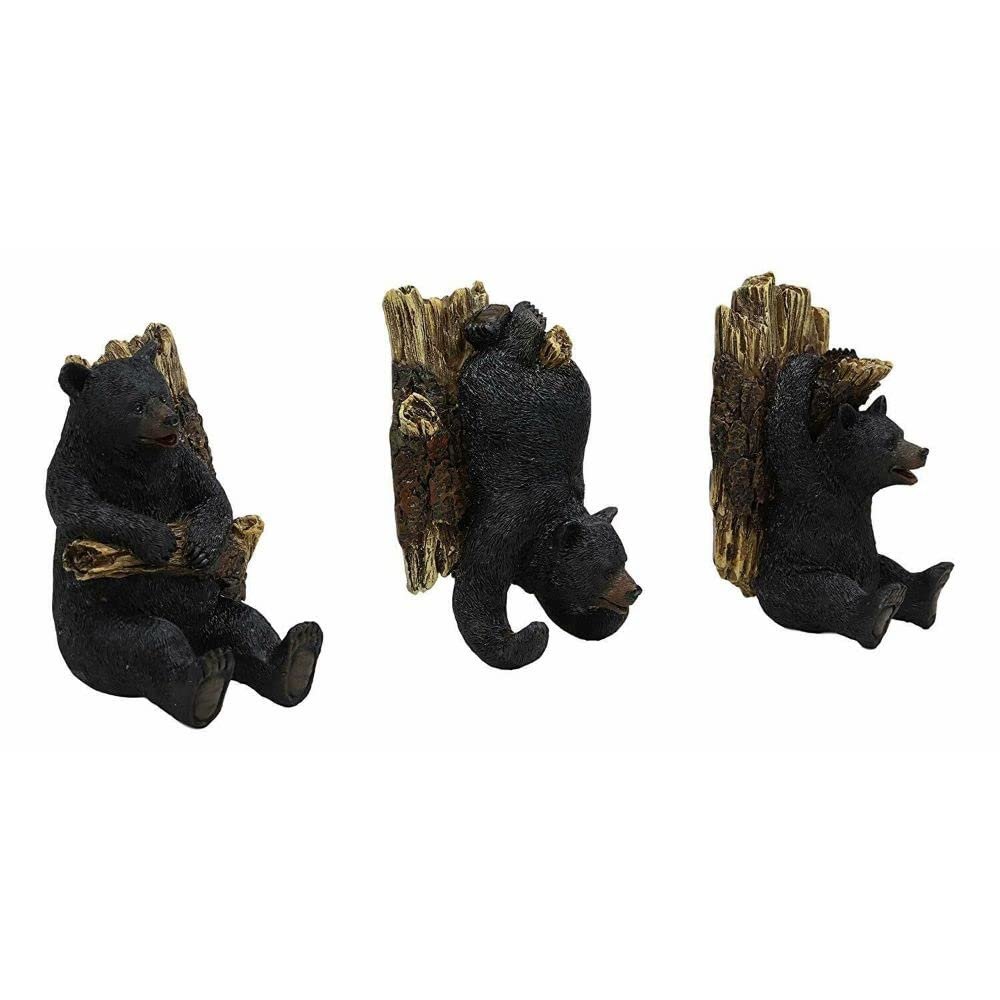 1 Set of Rustic 3 Acrobatic Black Bears Hanging On Tree Wall Hooks