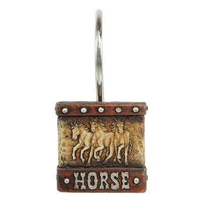 12 Pack of Rustic Running Horses On Faux Tooled Leather Bathroom Shower Curtain Hooks