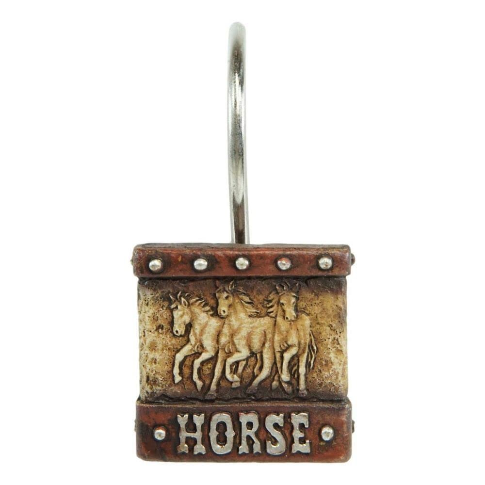 12 Pack of Rustic Running Horses On Faux Tooled Leather Bathroom Shower Curtain Hooks