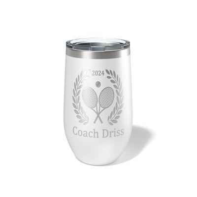 Alterd Industries Tennis Coach Gift - insulated tumbler with lid, travel coffee mug, personalized stainless steel cups, 20 oz tumbler (Tennis Wreath, White, 12oz Wine Tumbler)