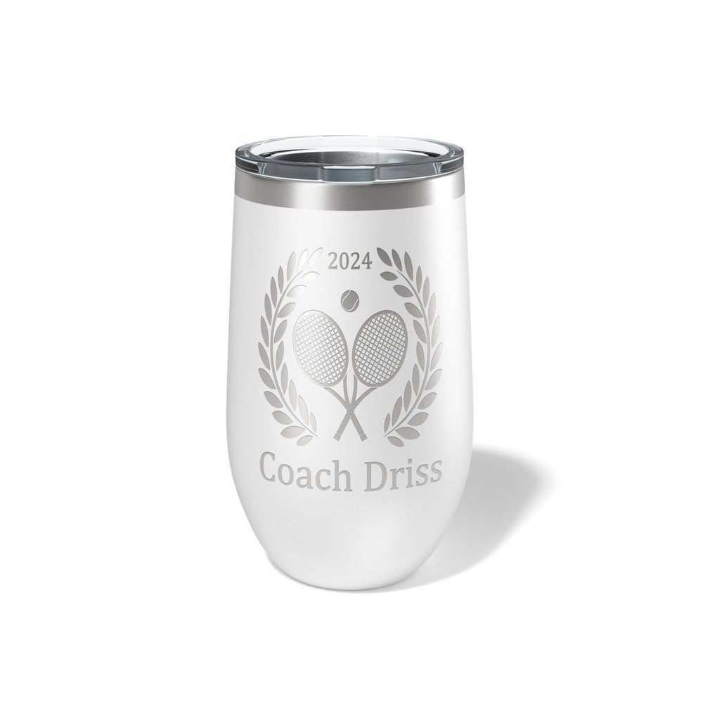 Alterd Industries Tennis Coach Gift - insulated tumbler with lid, travel coffee mug, personalized stainless steel cups, 20 oz tumbler (Tennis Wreath, White, 12oz Wine Tumbler)