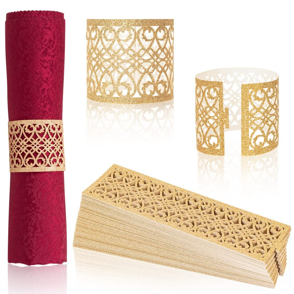 100 Pcs Napkin Rings Sparkling Paper Napkin Holder Disposable Napkin Bands Napkin Holder for Wedding Party Dinner Table DecorRose Gold
