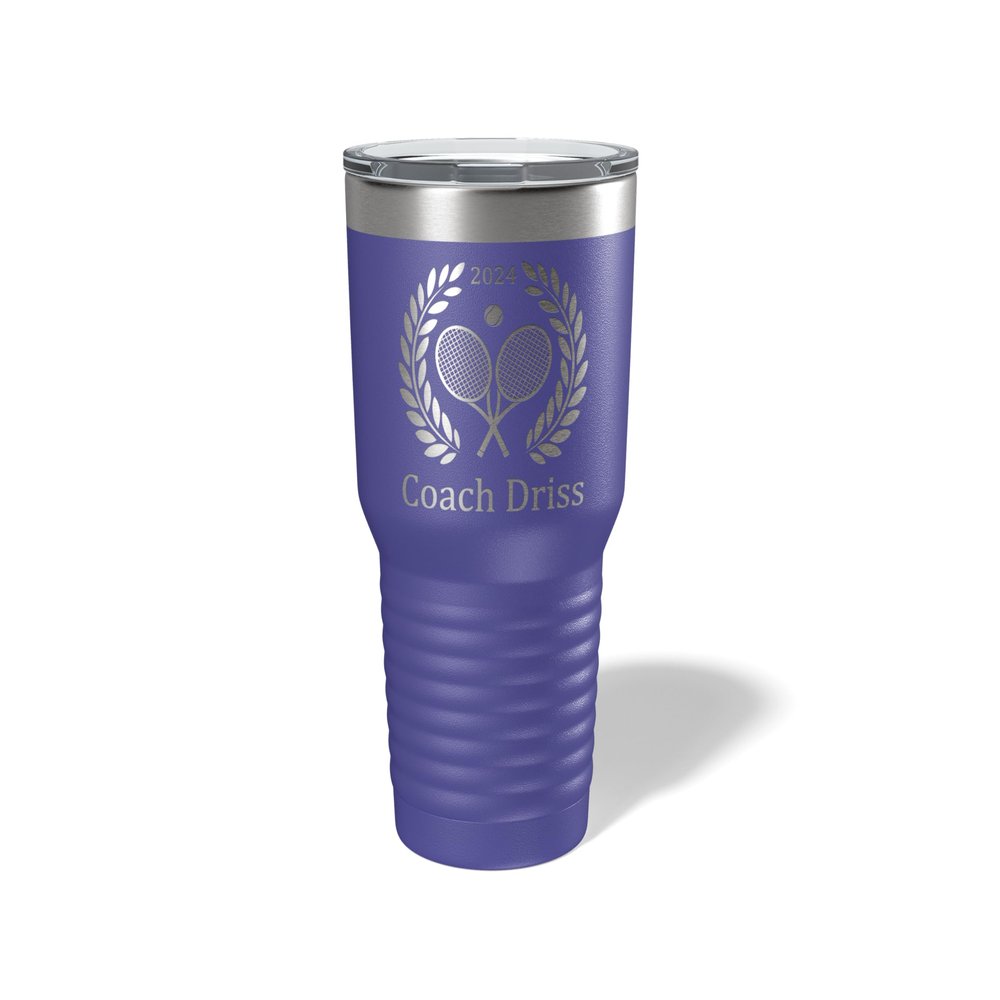 Alterd Industries Tennis Coach Gift - insulated tumbler with lid, travel coffee mug, personalized stainless steel cups, 20 oz tumbler (Tennis Wreath, Purple, 30oz Tumbler)