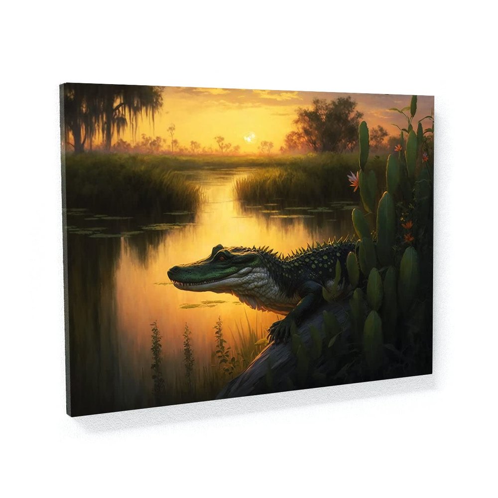 Sense Canvas Alligator In Swamp With Sunset 15 Canvas Art - Home Decor Wall Art Print Poster Painting Large 40x30 / 1.5"