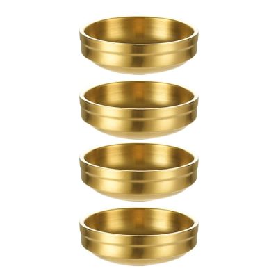 ZGWANSUI 4 Pack Gold Stainless Steel Soy Sauce Dish, Double Deck Dipping Pinch Bowls, Small Condiment Seasoning Dip Bowls, Mini Metal Ramekins Cups for French Fries Spice Sushi Serving, 3.5oz