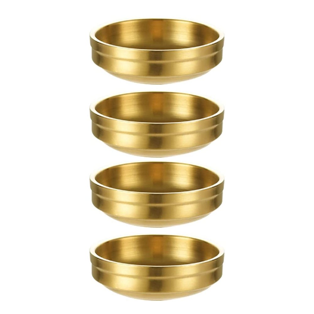 ZGWANSUI 4 Pack Gold Stainless Steel Soy Sauce Dish, Double Deck Dipping Pinch Bowls, Small Condiment Seasoning Dip Bowls, Mini Metal Ramekins Cups for French Fries Spice Sushi Serving, 3.5oz