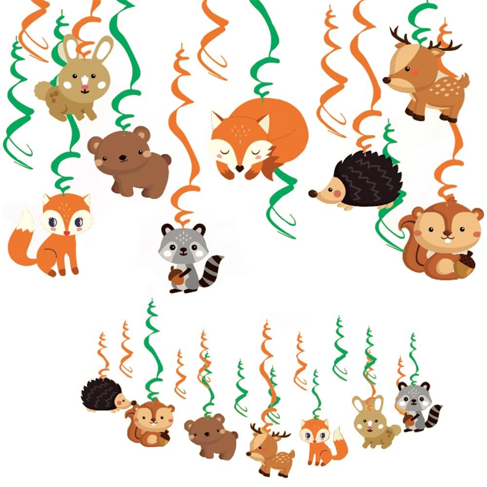 30CT Woodland Animals Birthday Hanging Swirl Decorations, Jungle Animals Ceiling Streamers Forest Theme Party Supplies Decors Baby Shower, Home, Classroom, Office Party Decorations