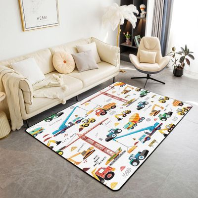 Excavator Area Rug 5x7, Tractor Machinery Trucks Rug, Construction Vehicle Carpet for Kids Boys, Bulldozer Crane Equipment Truck Washable Decorative Rug for Living Room, Yellow Green