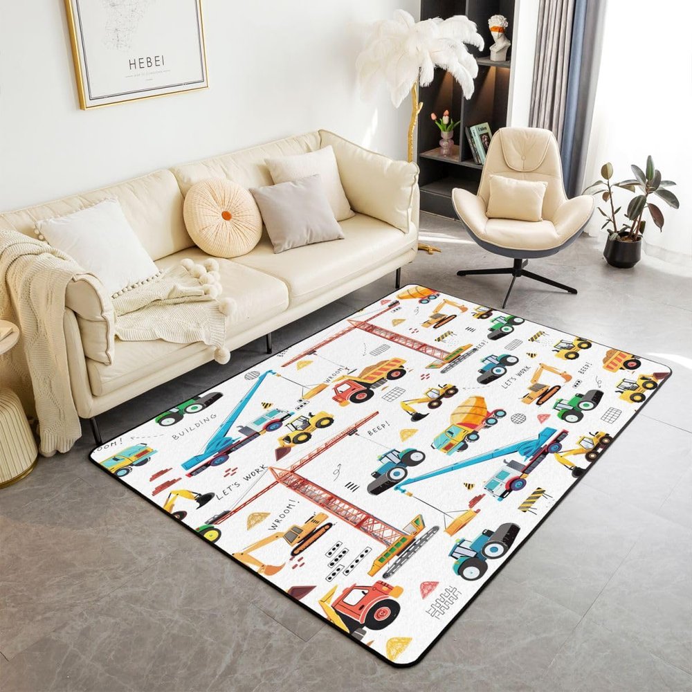Excavator Area Rug 5x7, Tractor Machinery Trucks Rug, Construction Vehicle Carpet for Kids Boys, Bulldozer Crane Equipment Truck Washable Decorative Rug for Living Room, Yellow Green