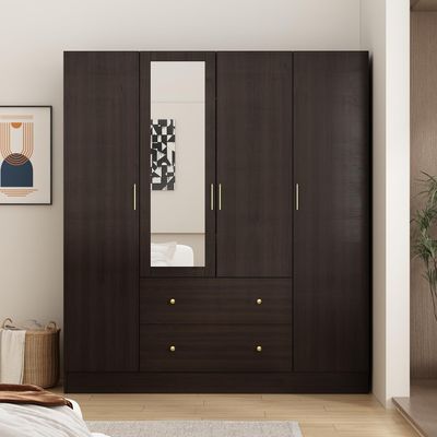 AIEGLE 4 Doors Wardrobe Armoire with Mirror, 63" Wide Large Freestanding Armoire Wardrobe Closet with Drawers, Shelves & Hanging Rods, Bedroom Clothes Storage Cabinet Organizer, Black Brown